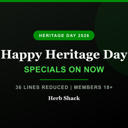 Herb Shack Heritage Day banner: happy Heritage Day, specials on now, 36 lines reduced, members 18 and over