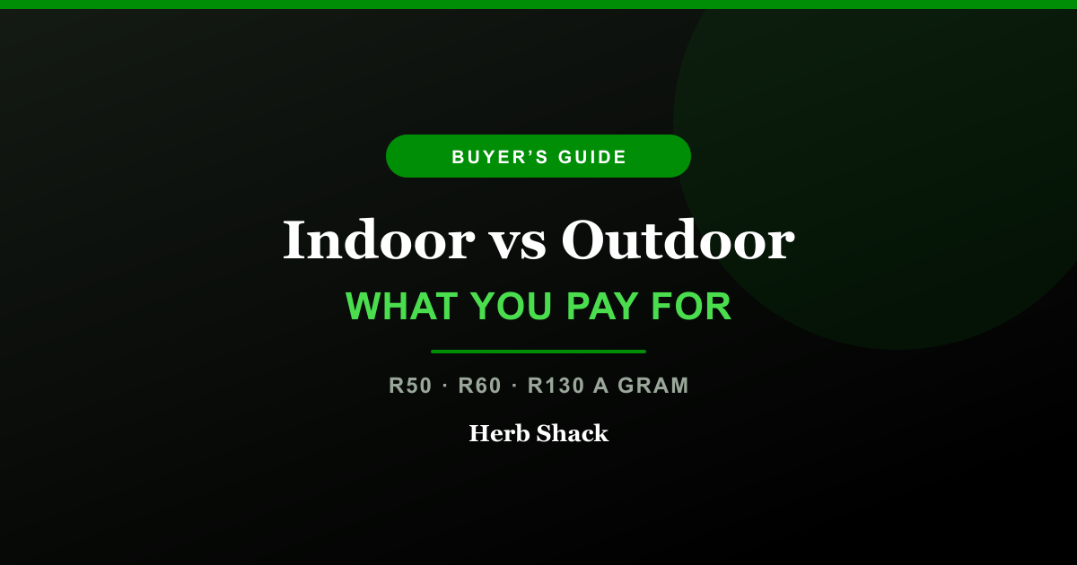 Herb Shack buyer's guide banner comparing indoor, greenhouse and outdoor bud from R50 to R130 a gram